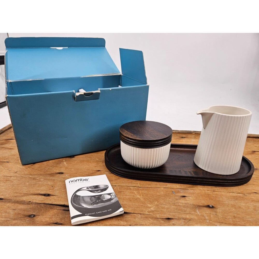 New Nambe Origins Sugar and Creamer White Brown Stoneware Acacia
